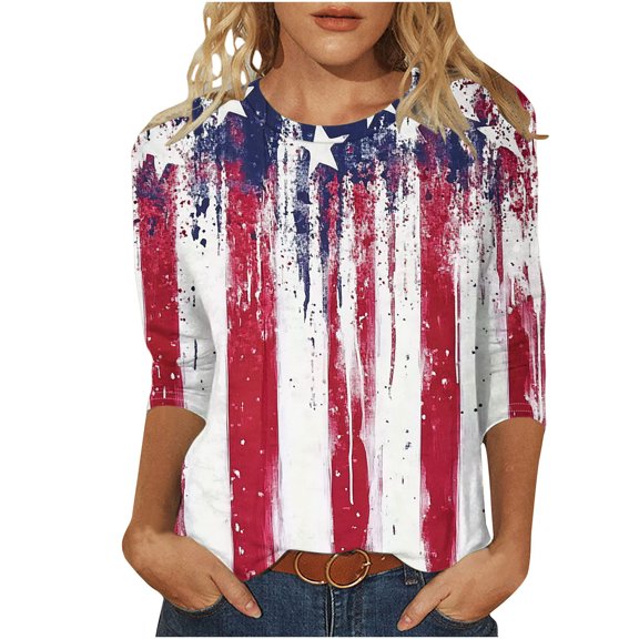 lcziwo American Flag Tshirt for Women Independence Day Summer 3/4 Sleeve Shirts Plus Size Basic Print Crew Neck Tee Red L