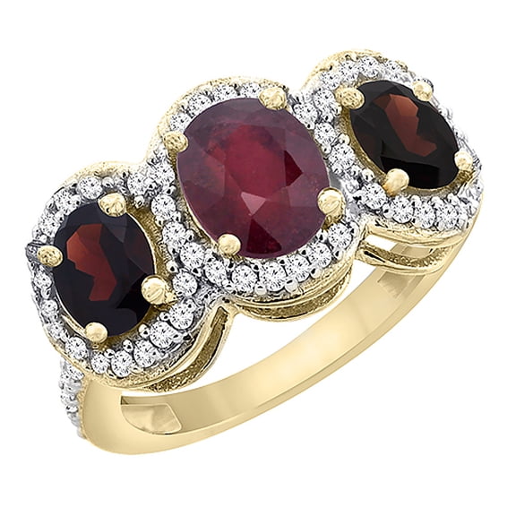 14K Yellow Gold Enhanced Ruby & Natural Garnet 3-Stone Ring Oval Diamond Accent, size 5.5
