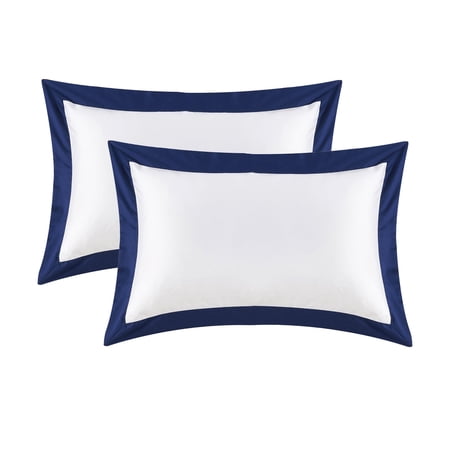 White Pillow Shams Standard Size Set Of 2 Cotton Hotel Luxury Decorative Sham With Navy Border 400tc Sateen Weave Soft Smooth Cool Pillowcases For Bedding 20x26 Inches