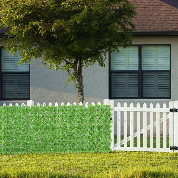 Artificial Ivy Privacy Fence Screen with Purple Morning Glories, 24 Panels Expandable Faux Leaf Hedge for Outdoor Decor