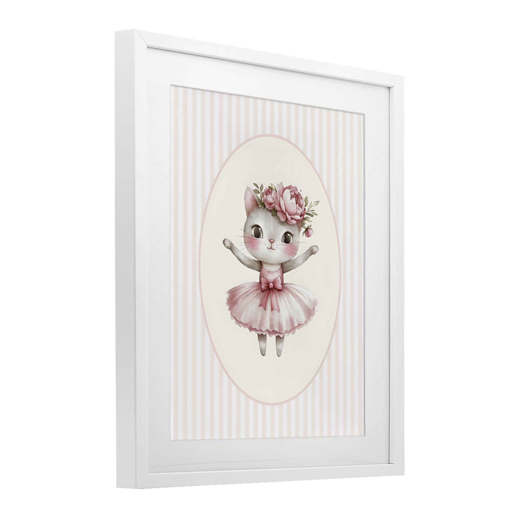 Stupell Industries Nursery Ballerina Cat Striped White Framed Print Under Glass, design by LSR Design Studio