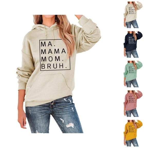 Ma Mama Mom Bruh Hoodies for Women 2025 Long Sleeve Hoodie Pockets Ma Mama Mom Bruh Hooded Sweatshirt Women Pullover