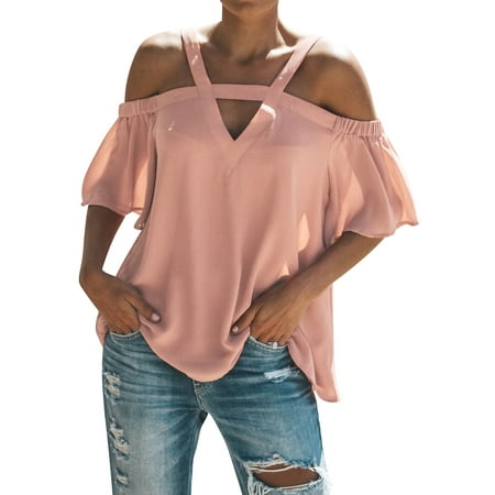 - LMart Women V Neck Cold Shoulder Short Sleeve Solid Color Top Blouse