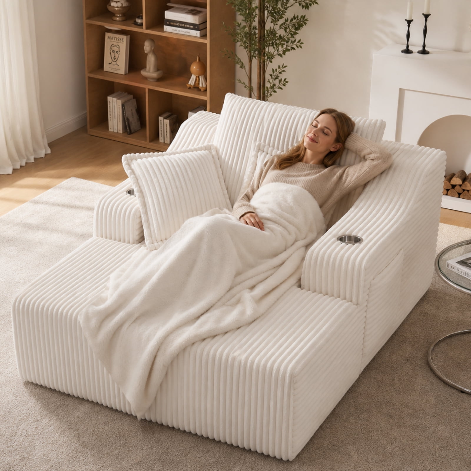 47" Wide Oversized Single Chaise Lounge Chair, 67'' Sleeper Sofa Bed with Cup Holders & 3 Pillows