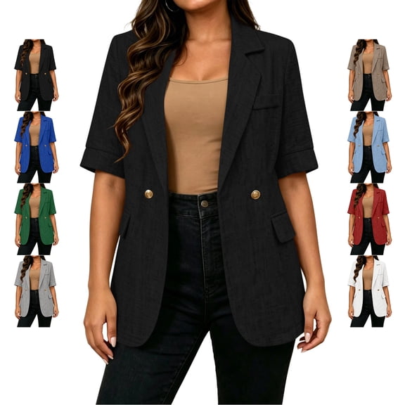 TGSLY Women's Short Sleeve Blazers Lightweight Notched Lapel Solid Color Suit Coat Dressy Casual Double Breasted Button Jacket with Pockets XXL