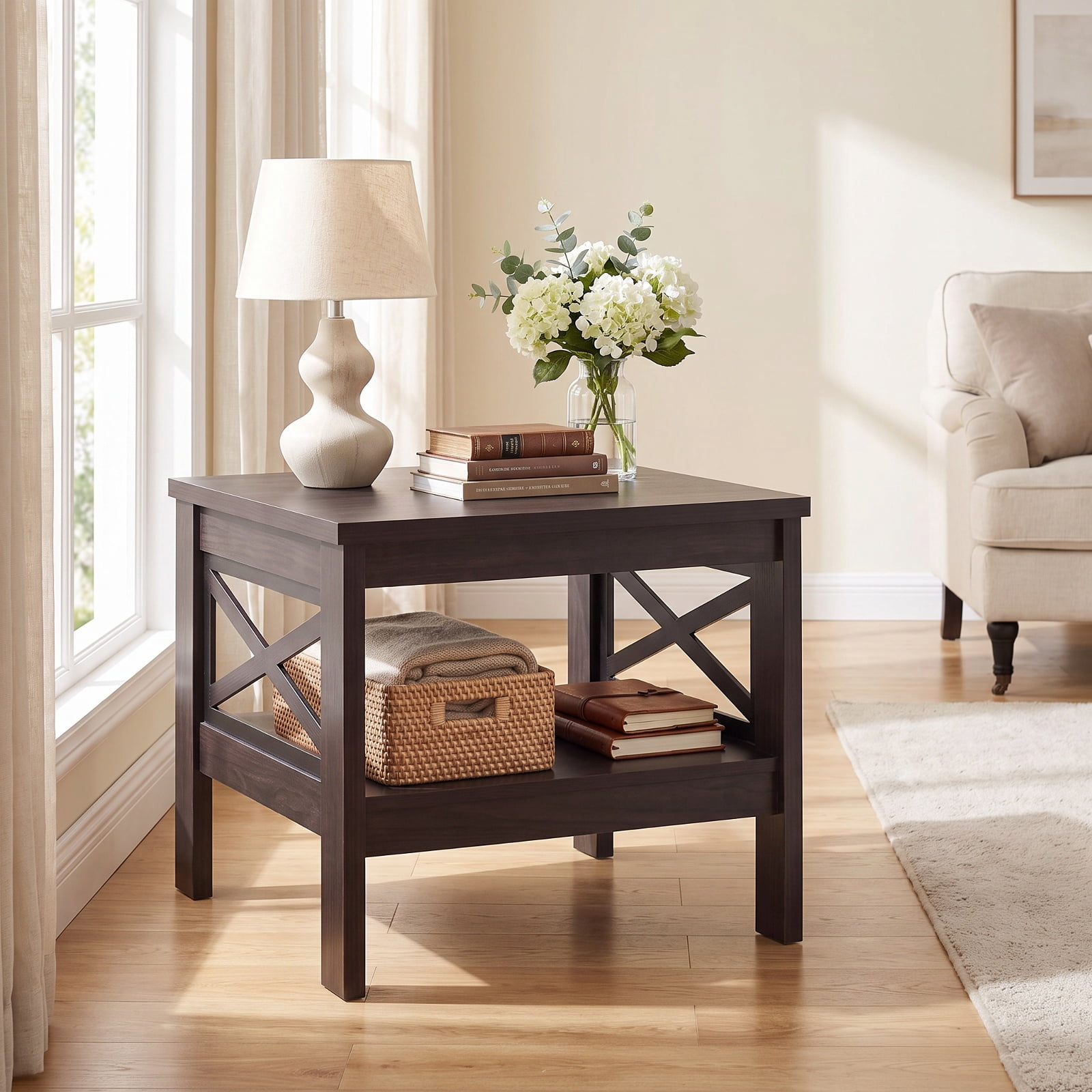 Furnibear 2 Tier Square Side Table with Storage Shelf and Farmhouse X Frame for Bedroom Living Room and Sofa Side, Brown