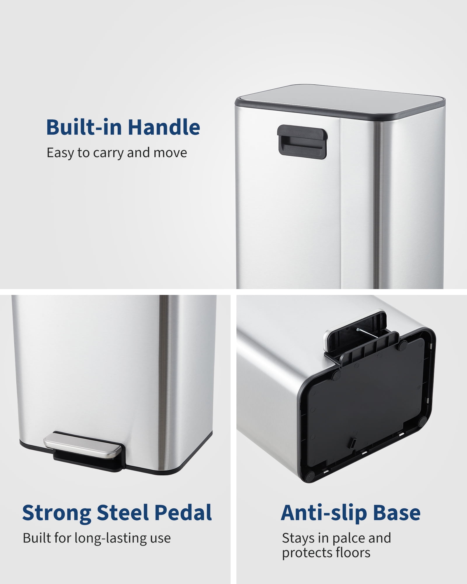 Space-Saving Bedroom Trash Can, 4 Gallon Small Trash Can with Soft-Close Lid, Foot Pedal & Removable Inner Bucket, Rectangular Stainless Steel Garbage Can for Living Room, Home, Office, Silver