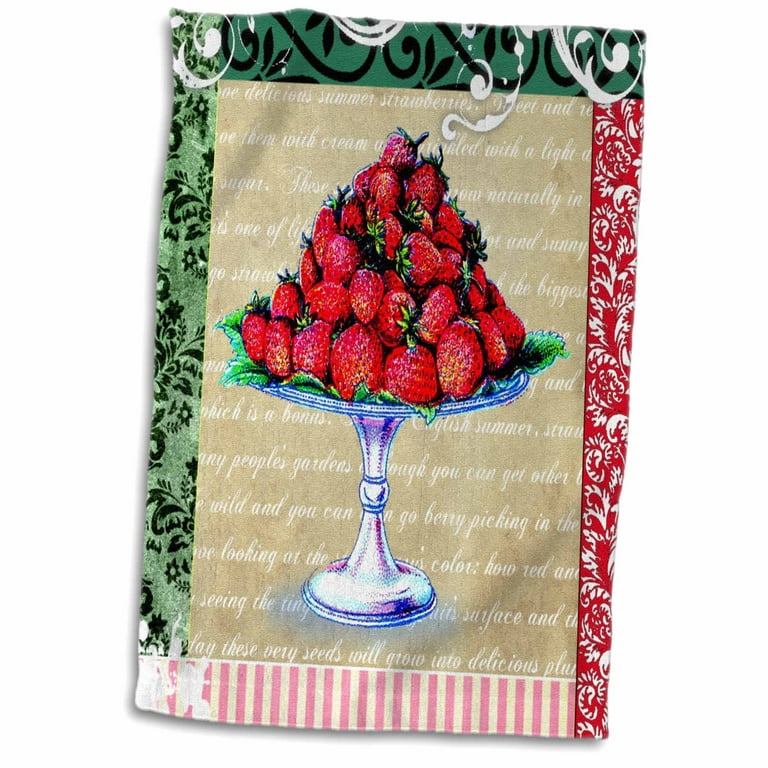 Black hand towel with strawberries. Kitchen dishcloths. Strawberry