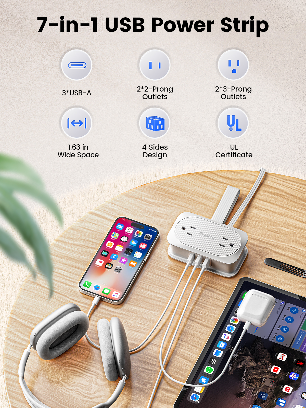 ORICO Travel Power Strip with USB Ports 4 Outlet Power Strip Flat Plug with Smart 3 USB,3.18ft Extension Cord Outlet Extender for Travel/Home /Office