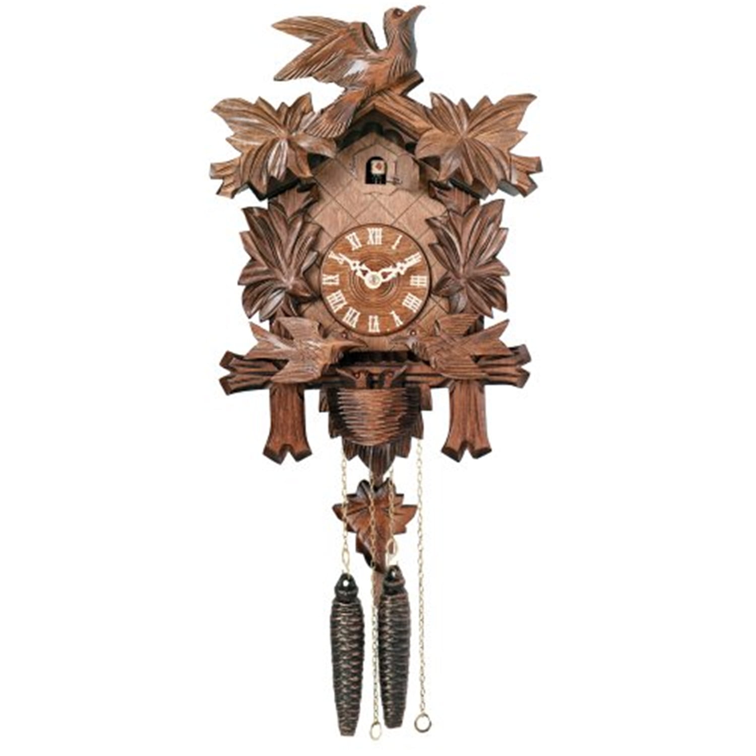 One Day Cuckoo Clock with Carved Maple Leaves & Moving Birds One Day Cuckoo Clock with Carved Maple Leaves & Moving Birds