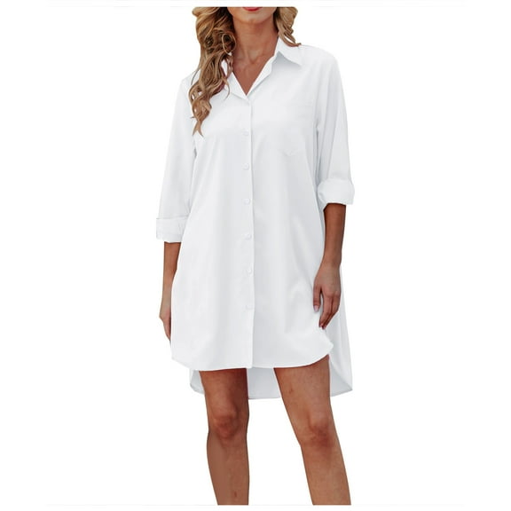 Ernkv Womens Tops Long Sleeve Solid Color Plus Size Blouse Shirt For Girlfriend Wife Dressy Loose Pullover Fashion Single Breasted Long Top Comfy Casual Lapel White XXL