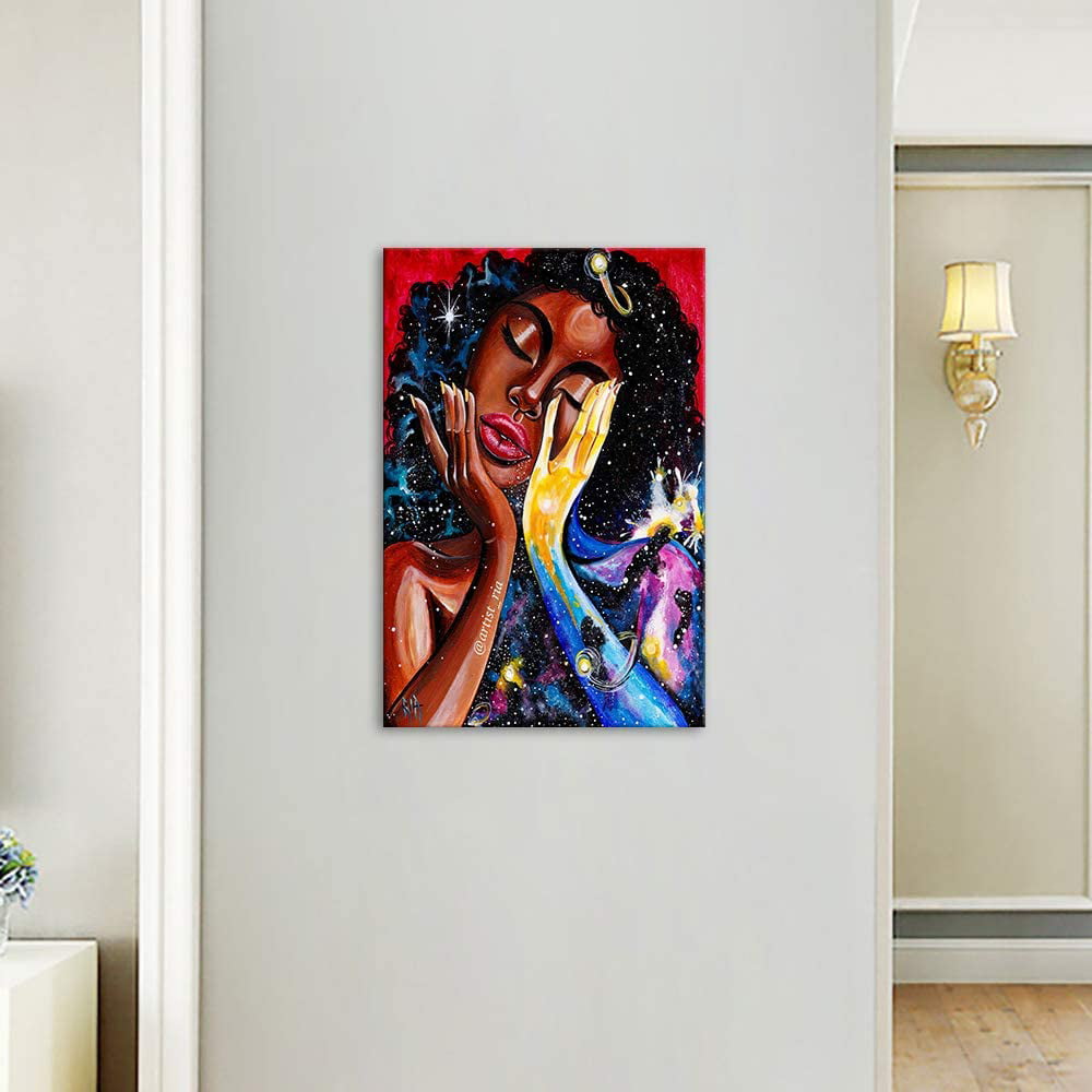 African American Canvas Art Print,Black Love King and Queen Wall Art Sexy Lover  Paintings for Wall,Egyptian Crown Framed Poster Drawing for Master Bedroom  Living Room Decor (12