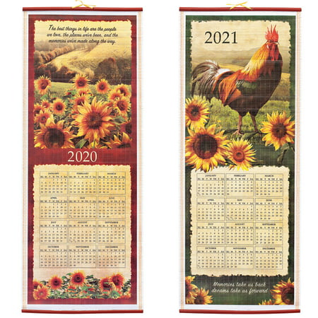 Dual-Sided 2 Year Scroll Calendar, Rooster and Sunflowers Design – Ideal for Small Spaces - Bamboo-Like Paper, 12 ½ in. by 33