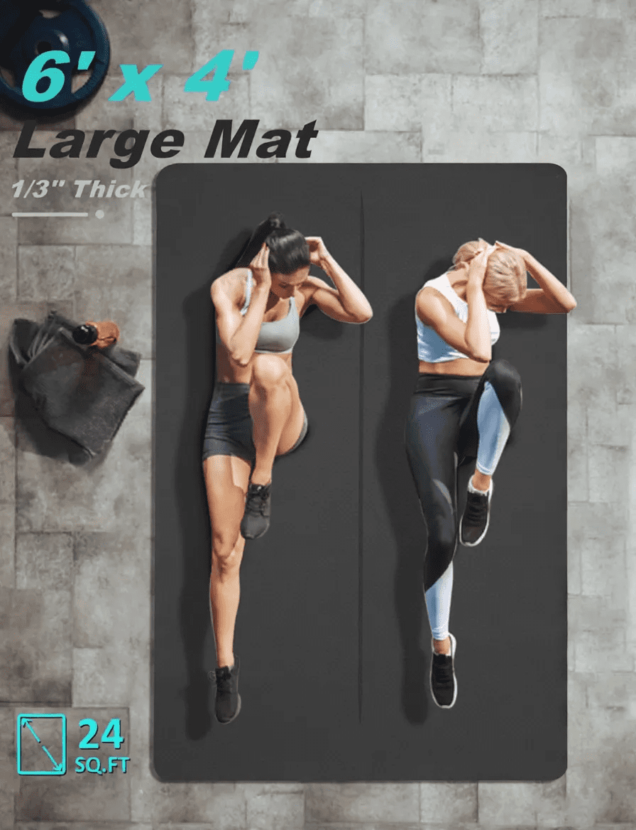 6' x 4' Large 1/3 Inch Extra Thick Double-Sided Non Slip Professional TPE Yoga Mats for Women Men, 24 Sq.Ft Exercise Mat for Yoga, Pilates and Home Workout (Black）
