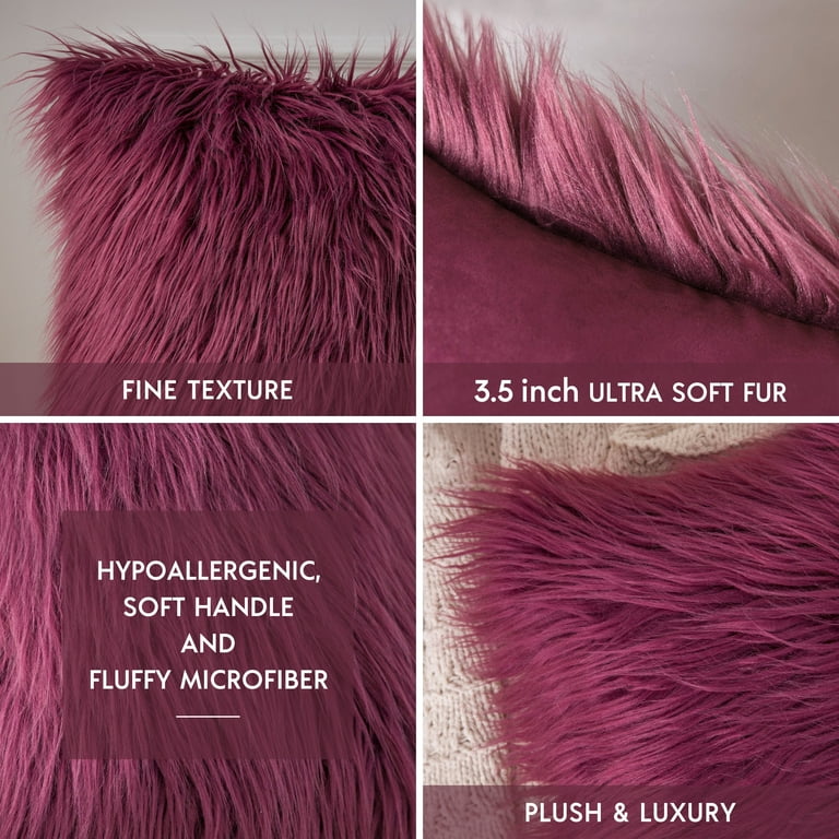 Phantoscope Luxury Mongolian Fluffy Faux Fur Series Square Decorative Throw Pillow Cusion for Couch, 20 inch x 20 inch, Pink, 2 Pack