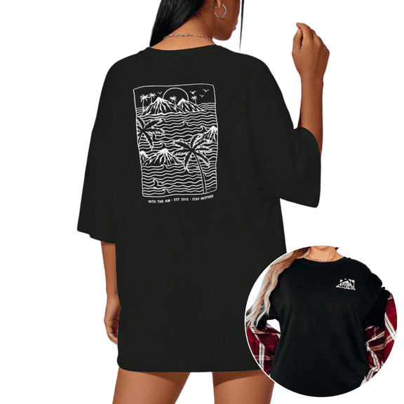UNISHE Women's Vintage Island Coastal Landscape Print Short Sleeve T-Shirt Black Casual Crewneck S-5XL Top