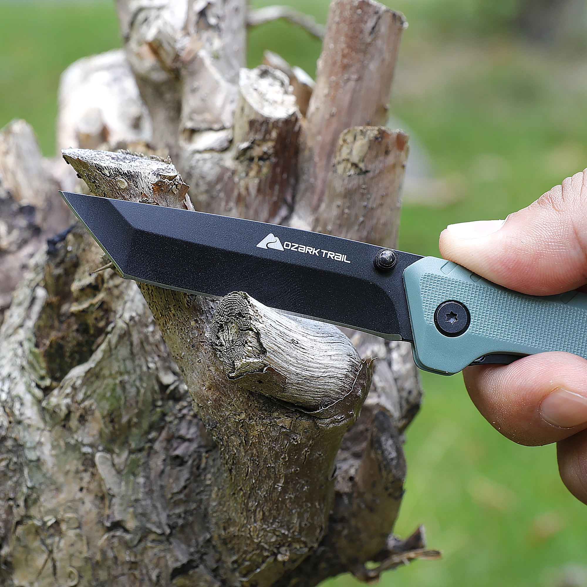 Ozark Trail Shadow 7.5 in Tanto Folding Knife, 3.25 in Stainless Steel Blade with Titanium Coating, Green