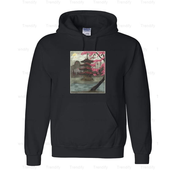 Vintage Japanese Temple Cherry Blossom Woodblock Hoodie M3083177, Up to Size 5XL