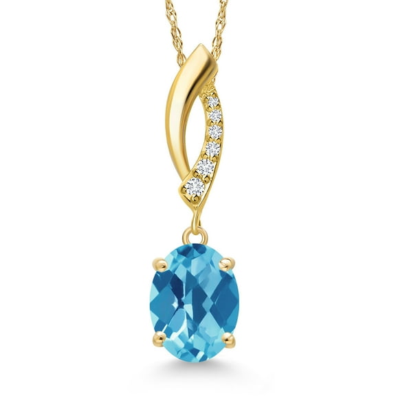 Gem Stone King 14K Yellow Gold Swiss Blue Topaz and Lab Grown Diamond Pendant Necklace for Women | 2.28 Cttw | Gemstone November Birthstone | Oval Checkerboard 9X7MM | With 18 inch Chain
