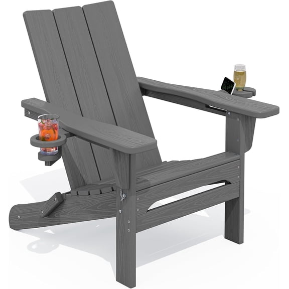 WLTER Outdoor HDPE Modern Adirondack Chair,Folding Adirondack Chair with Cup Holders, All Weather Resistant Fire Pit Chair, Gray