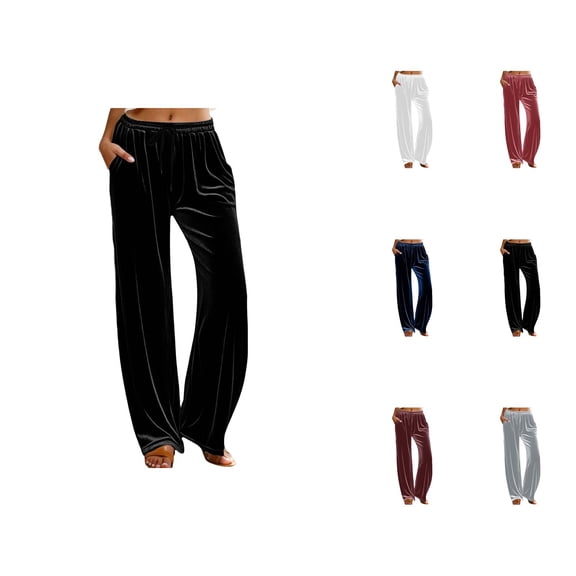 Velvet Pants Women 2026 Fall Winter Elastic Waist Drawstring Wide Straight Leg Casual Loose Dressy Pants with Pockets