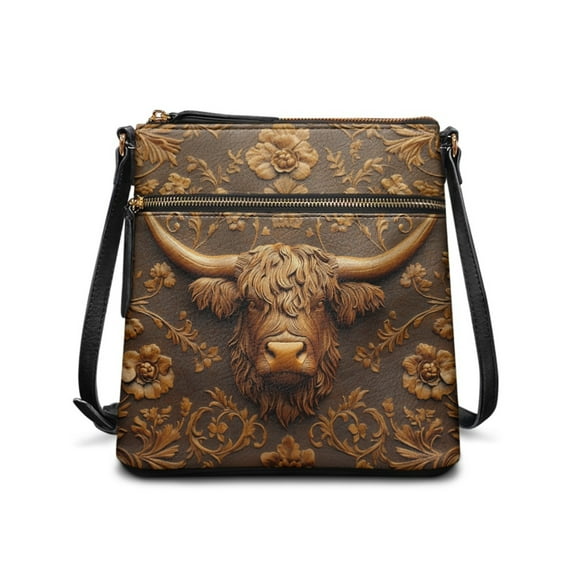 Kuiaobaty Highland Cow Flower Print Crossbody Bag for Women Trendy, Vintage Vegan Leather Shoulder Purse, Lightweight Zipper Crossbody Handbag with Adjustable Shoulder Strap for Travel