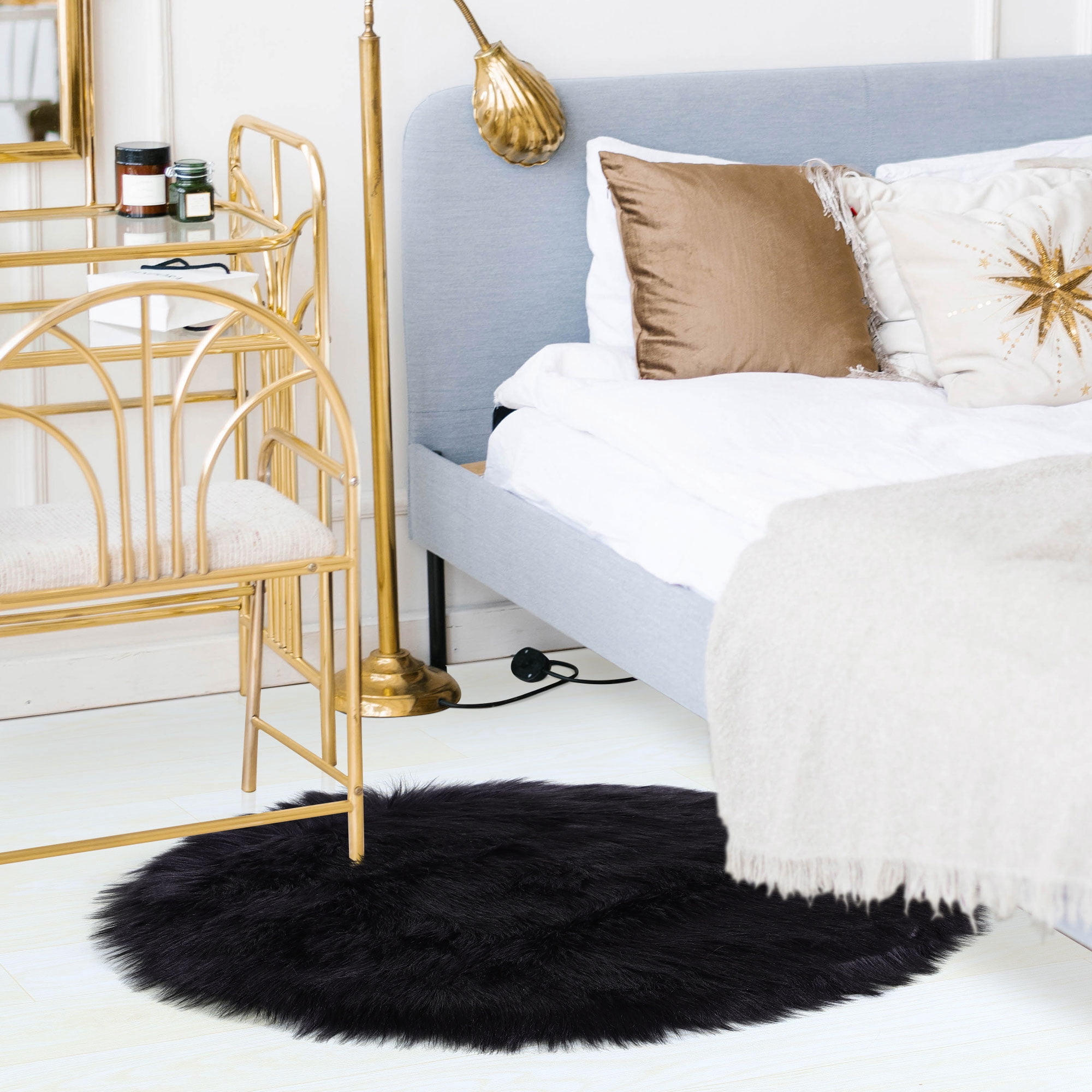 Unique Bargains Artificial Animal Wool Soft Faux Fur Sheepskin Plush Area Rug Black 3x3 Feet Round
