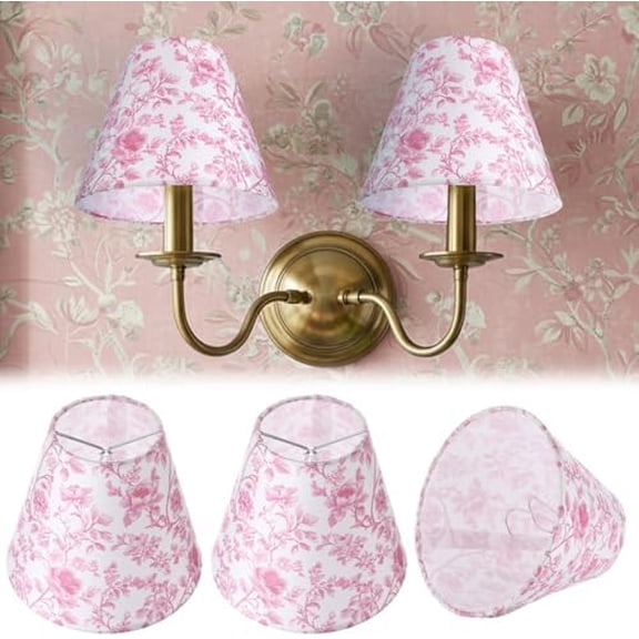 2 Pcs Small Lamp Shade Sconce Lamp Shade 3 Top x 6'' Bottom x 5'' Slant French Countryside Toile Clip on Lampshade for Wall Sconces Chandelier Pendant Lighting(Floral,Pink)