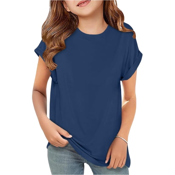 Lumtrix Boy Girls Rolled Short Sleeve T Shirts Kids Crewneck Hem Soft Tunic Tops Summer Tees 5-14 Years Dark Blue 120