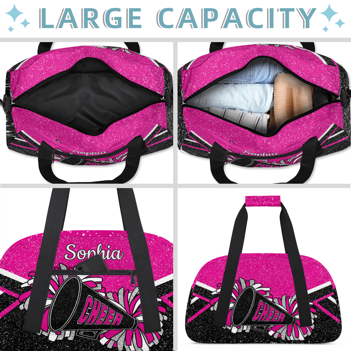 Jiaoprinted Personalized Cheer Bag for Women, Custom Sport Duffel Bag with Name, Customized Gym Bag, Weekender Overnight Bag, Cheerleading Gifts, Pink Black