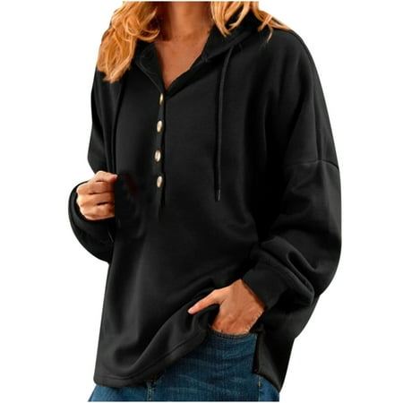 

Womens Hooded Pullover Sweatshirts Casual Button Collar Long Sleeve Drawstring Blouse Tops Oversized Comfy Coat