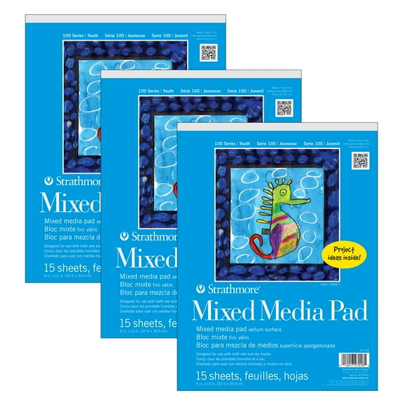Strathmore 100 Series Mixed Media Pad, 15 Sheet, 9x12 inch, Pack of 3