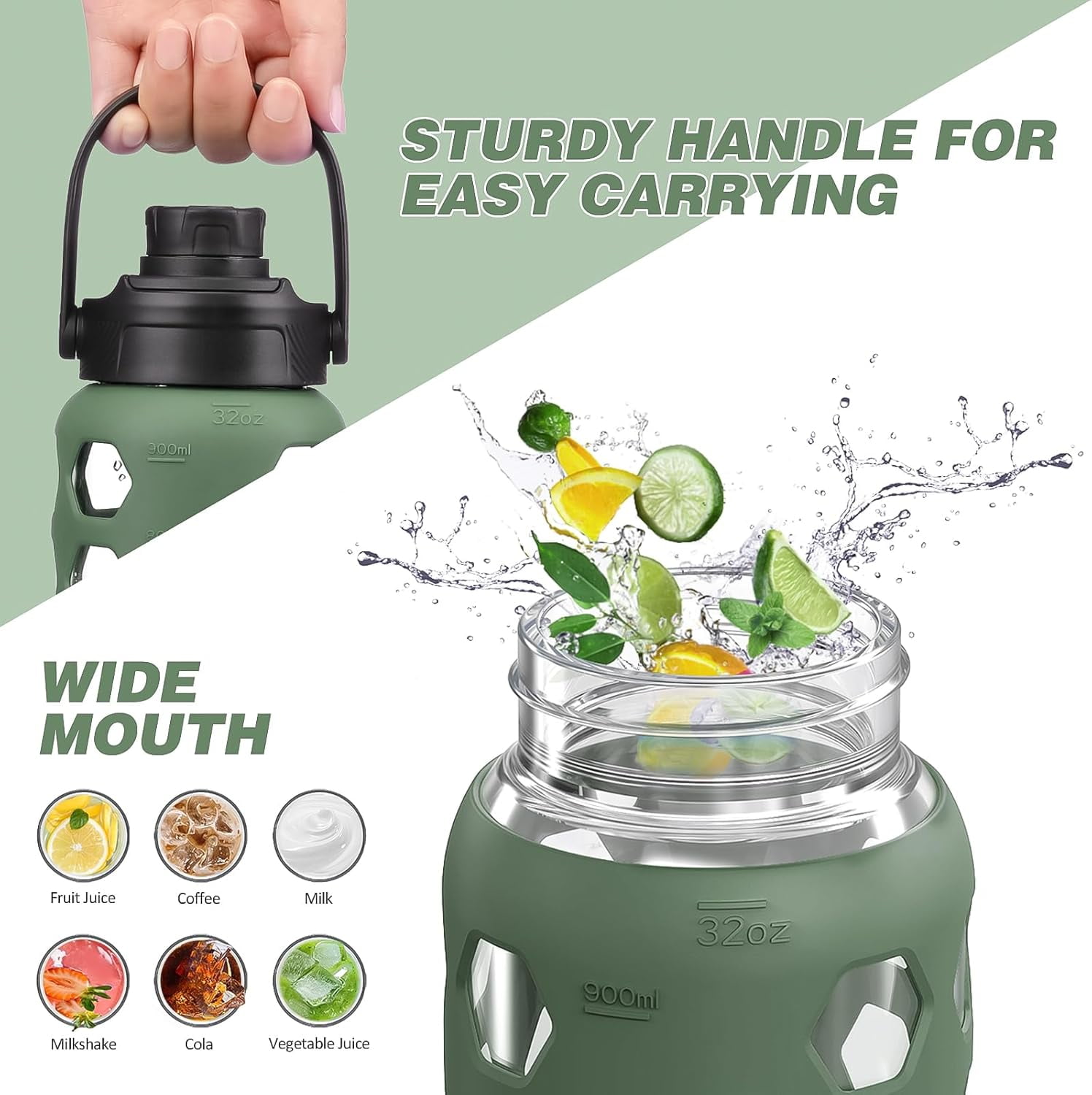 MUKOKO 32oz Glass Water Bottle, Glass Reusable Bottle with Silicone Sleeve and Straw, 1 Cup 2 Lids, Olive