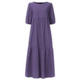 thumbnail image 3 of VONDA Women's O-Neck Puff Short Sleeve Loose Casual Plain Cotton Pleated Dress, 3 of 6
