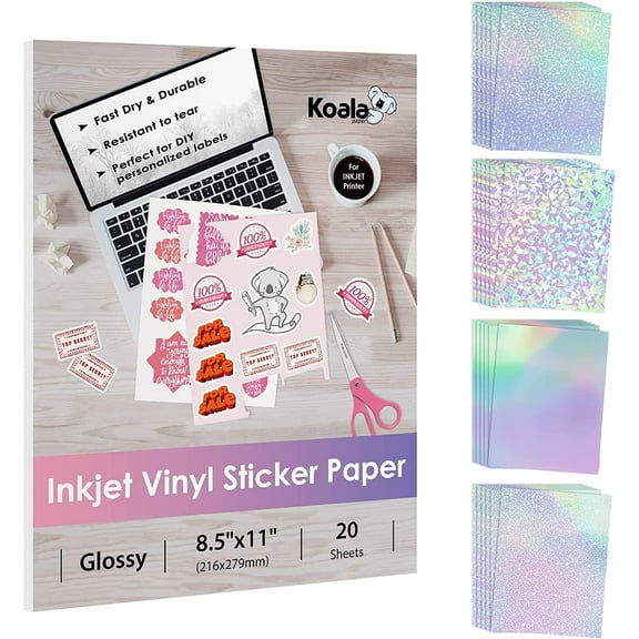 Bundle 45 Sheets Koala Vinyl Sticker Paper for Inkjet Printer Waterproof Glossy White   Clear Holographic Self-adhesive Laminate Sheets A4