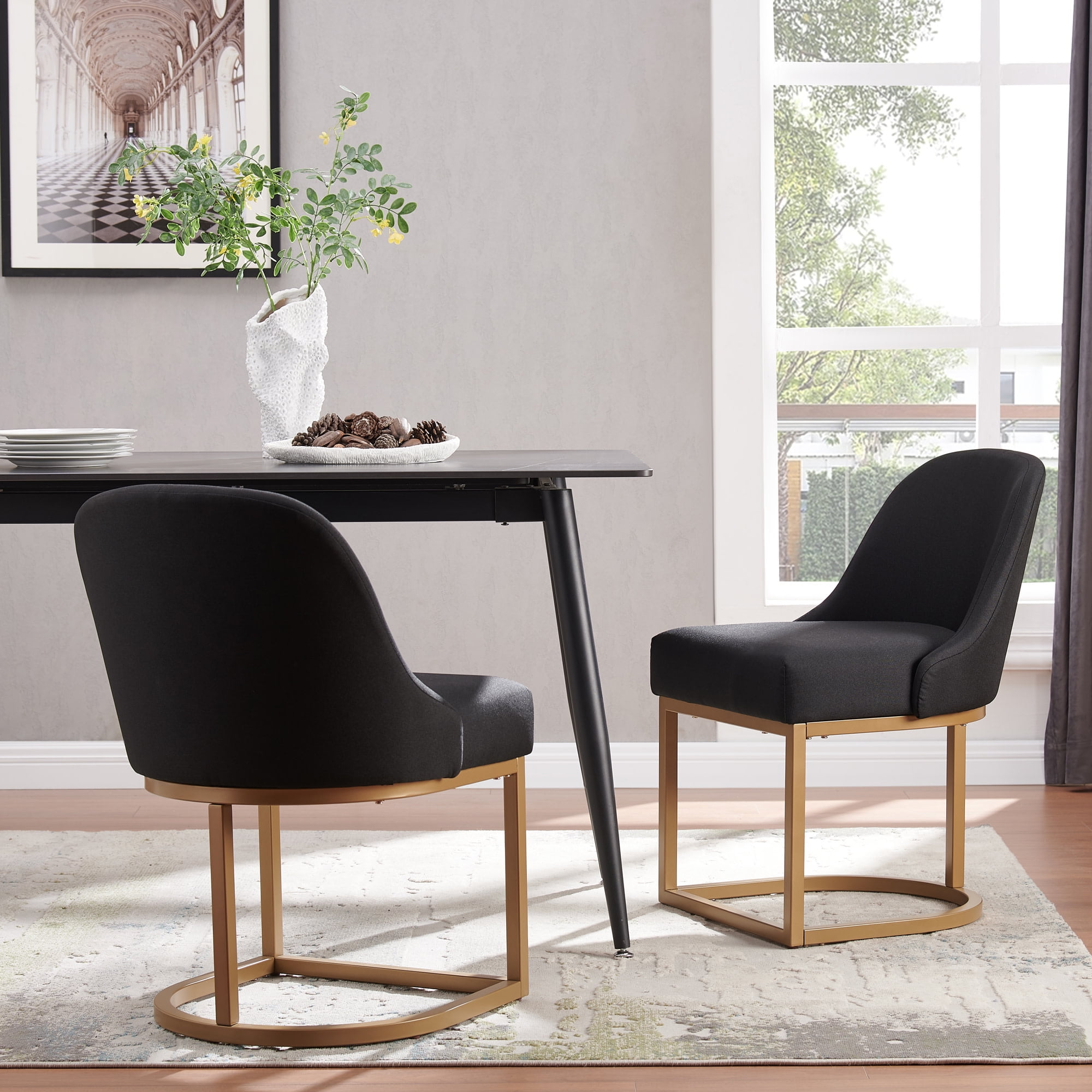 Upholstered Barrelback Dining Chair with Gold Metal Base, Set of 2