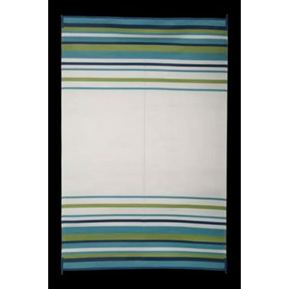 Faulkner 68679 Reversible Rv Outdoor Patio Mat - Aqua, Navy, Lime & White Striped Design - 8' X 20'