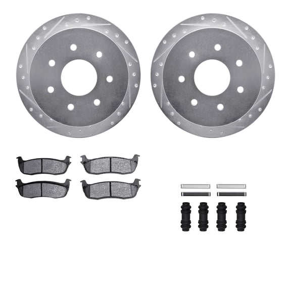 Dynamic Friction Company Rear Brake Rotors-Drilled and Slotted-Silver with Ultimate Duty Performance Brake Pads includes Hardware 7412-54037