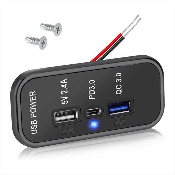 Cargador de Salida USB de 3 Puertos de 12 V, PD3.0 Tipo C, QC 3.0 USB A y Adaptador de Enchufe de Cargador Rápido USB A de 2,4 A para Coche Marino