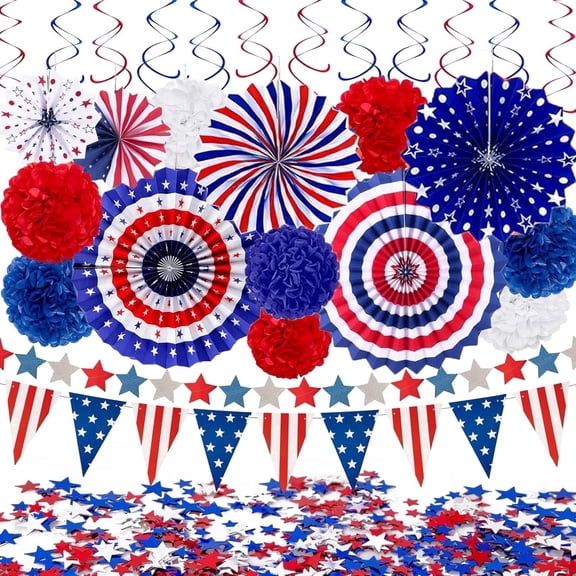 29PCS 4th / Fourth of July Patriotic Decorations - Red White Blue Paper Fans, USA Flag Pennant, Star Streamer, Pom Poms, Hanging Swirls Party Decor Supplies