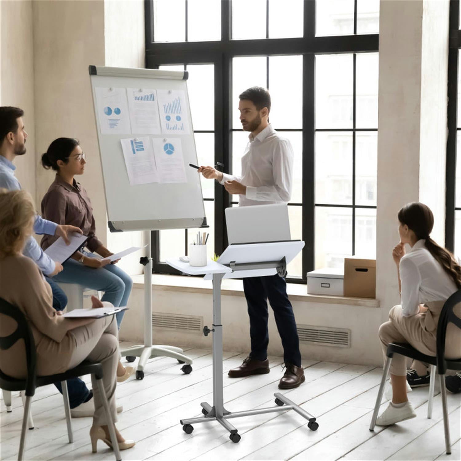 Demi Bonn Adjustable Angle Height Rolling Laptop Table, Laptop Workstation for Laptops, Books, Tablets, and Art, White