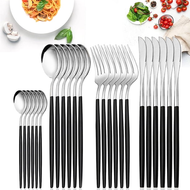 Myvit Juego de Cubiertos Negro y Dorado Juego Flatware de Cubiertos de Acero Inoxidable de 24 Piezas, Cuchillos, Tenedor, Cuchara, Servicio de Vajilla para 6