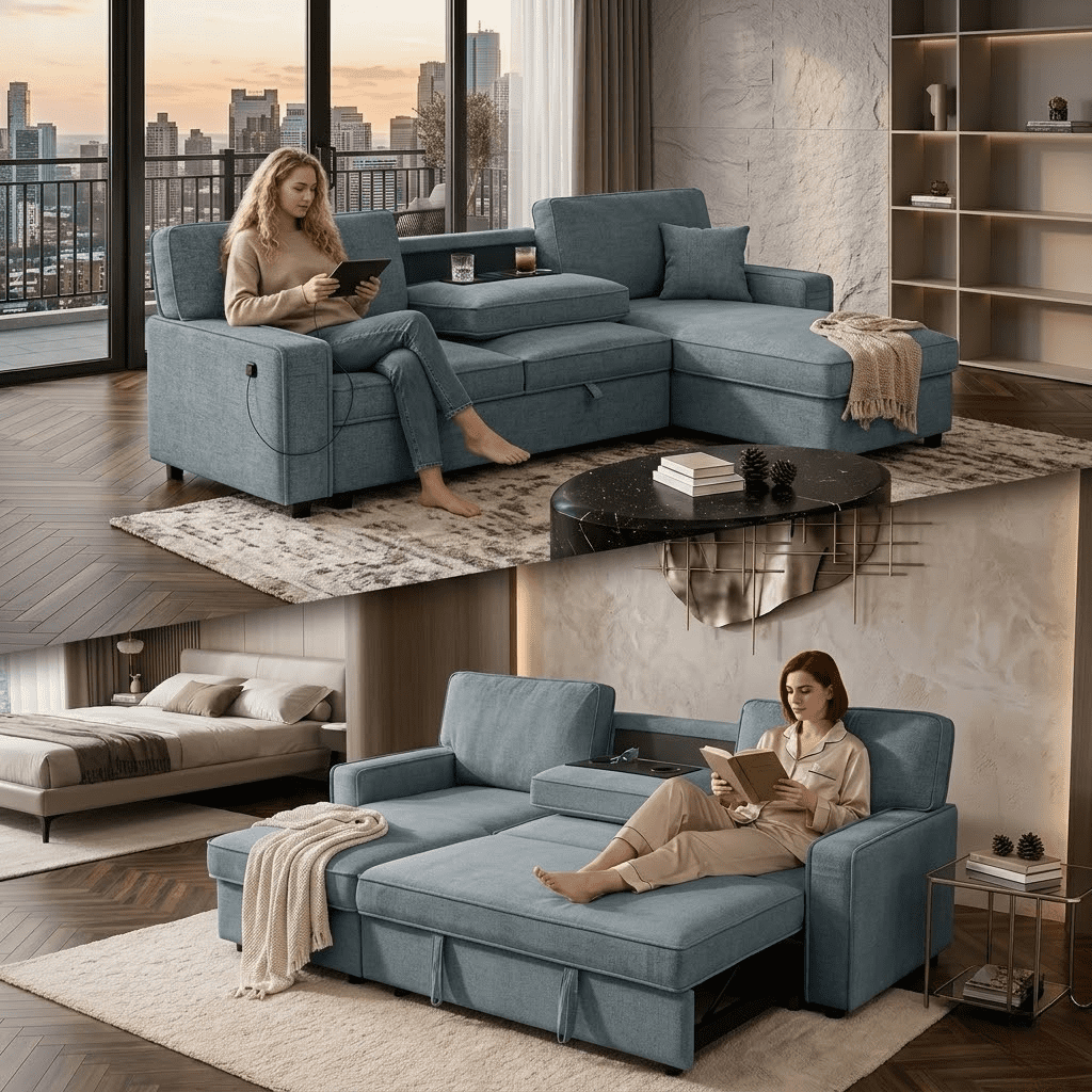 Howcool Sectional Sleeper Sofa,L Shaped Chenille Convertible Sofa Bed 89" 3 Seater with Flip-Down Center Console & USB Charging Ports,Pull Out Couch for Living Room Apartment Office,Blue