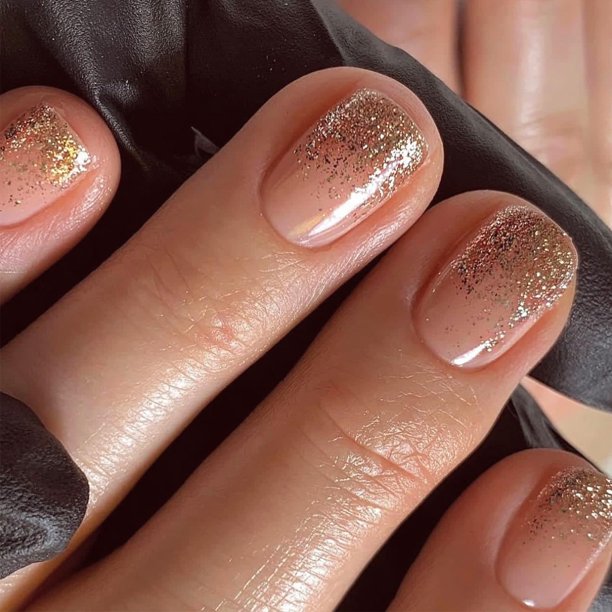 Uñas Postizas AROVFAM 24 Piezas Cortas Cuadradas con Brillo Dorado