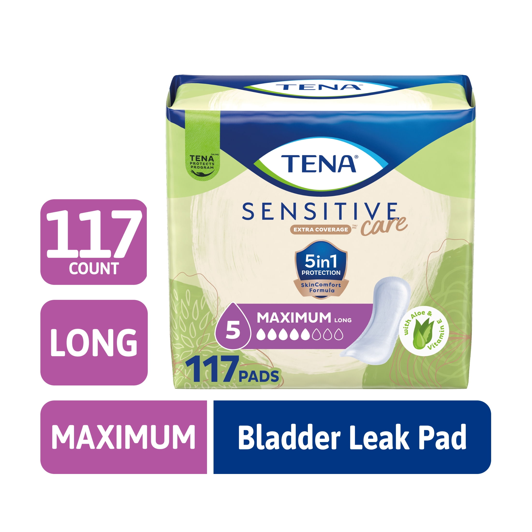 (3 pack) Tena Sensitive Care Maximum Absorbency Long Incontinence Pads for Women, 117 Count