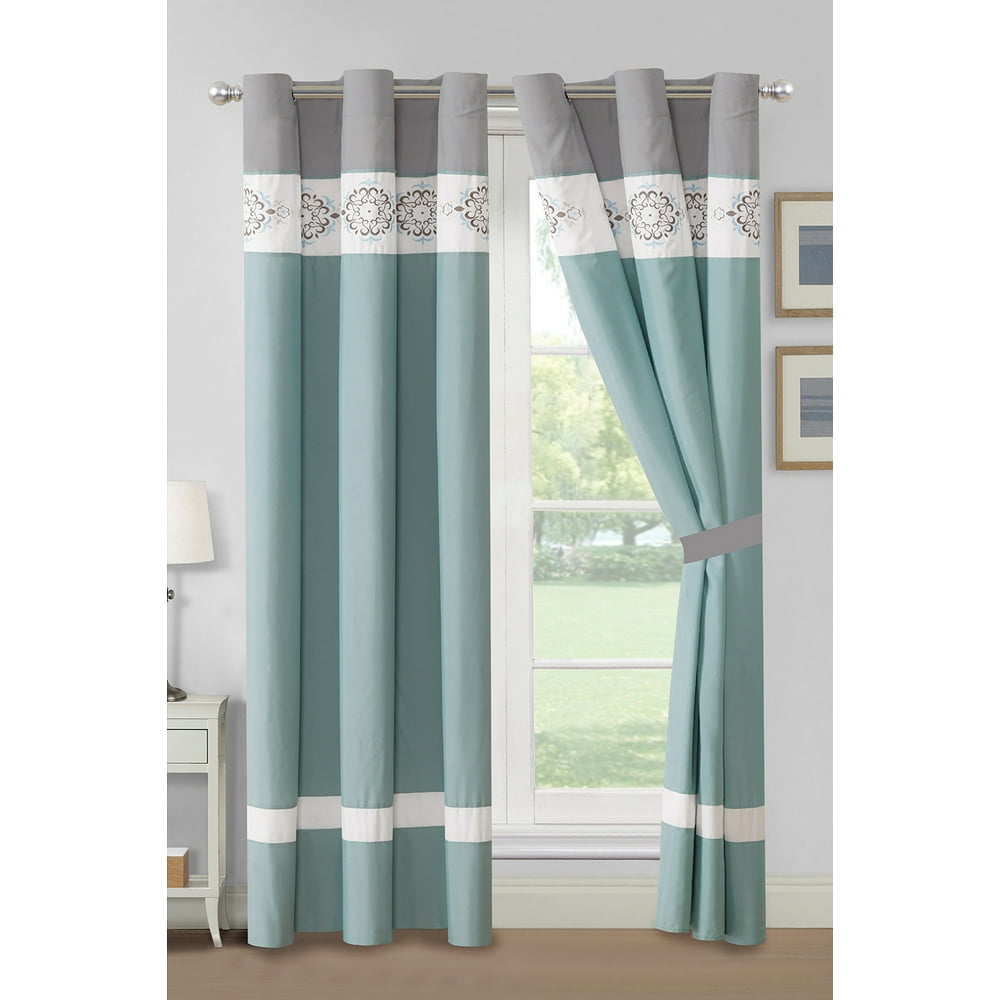 4Pc Wynne Floral Scroll Damask Embroidery Stripe Curtain Set Gray Teal