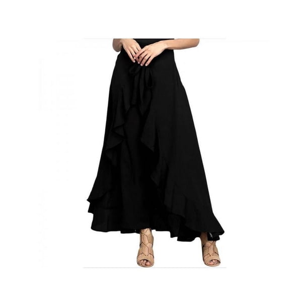Falda cruzada informal lisa con lazo en la cintura para mujer, pantalones de gasa con volantes, pernera ancha, vestido holgado