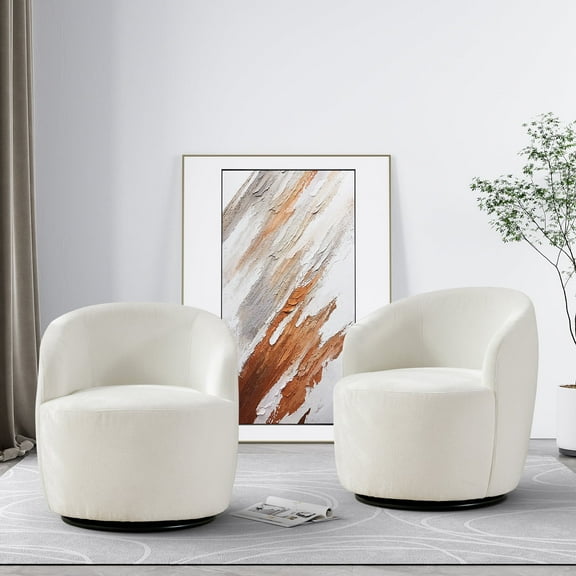 Ouyessir Boucle Upholstered Swivel Barrel Accent Chair Set of 2, Sherpa Lounge Chair, Ivory Chenille