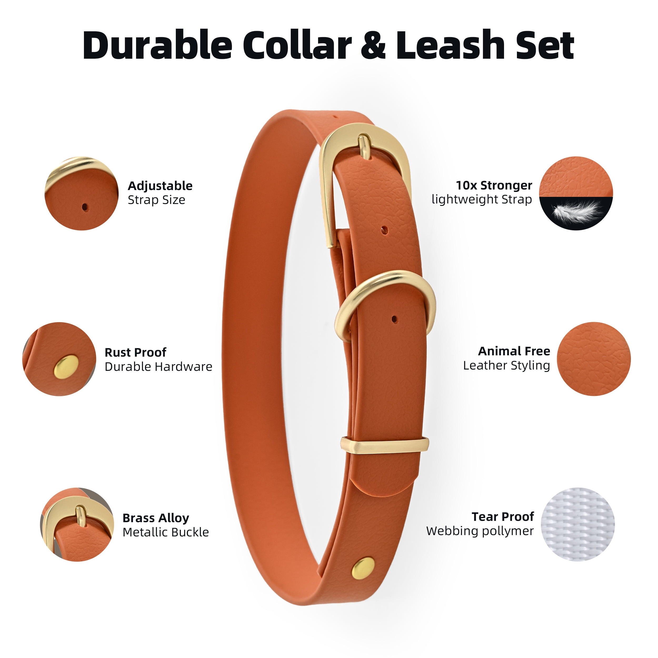 Max & Marlow Waterproof TPU Coated Dog Collar and 5 ft Leash Set, Orange, Small
