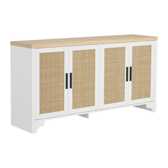 Modern Boho Rattan Sideboard Cabinet – 4-Door Buffet Console with Adjustable Shelves & Wide Top, Wood Storage Cabinet for Living Room, Entryway or Kitchen – White Finish